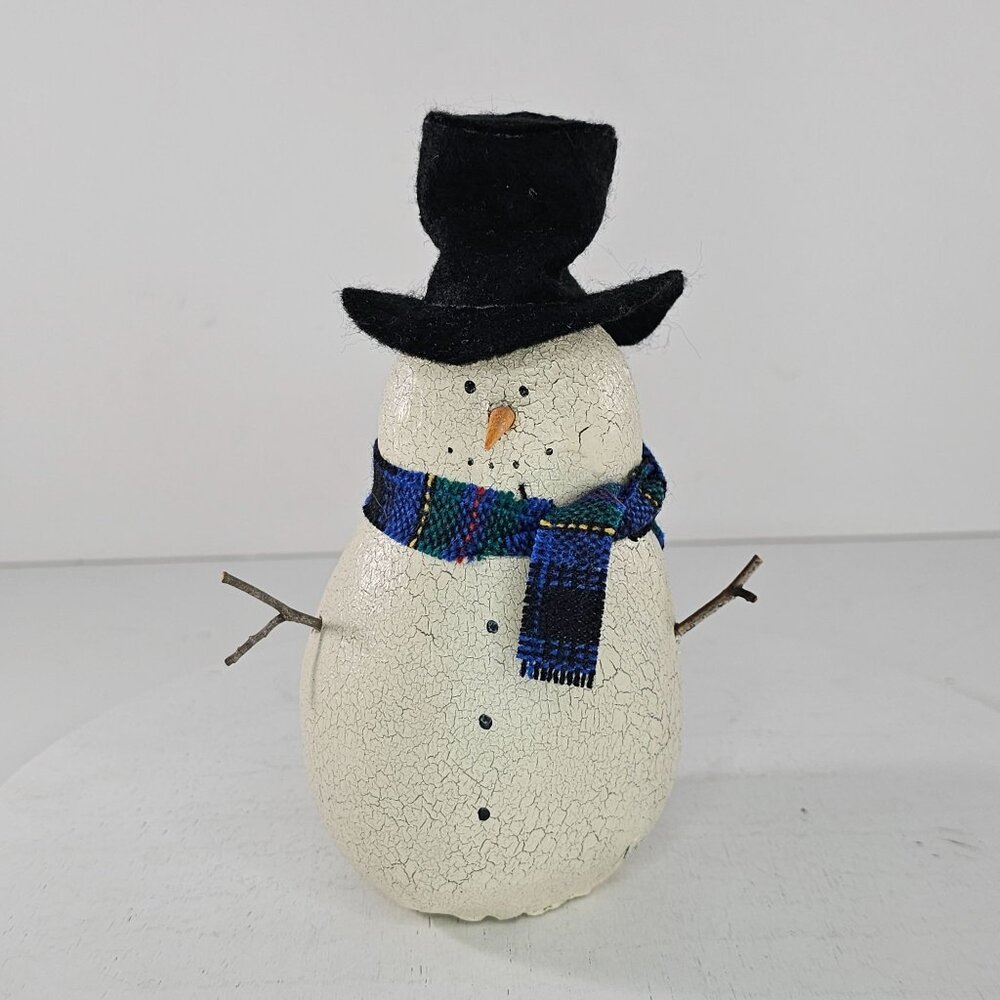 Vintage Natalie Silitch Folk Art Snowman Figurine Black Hat Plaid Scarf